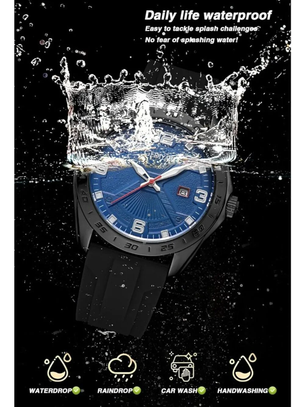 Men's Black And Blue Analog Quartz Stylish Waterproof Silicone Band Wrist Watch